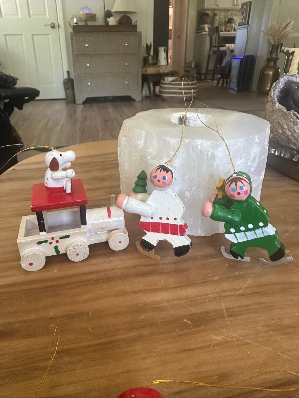 Set of 3 Wooden Holiday Train Skaters Ornament Set skate missing on one foot
